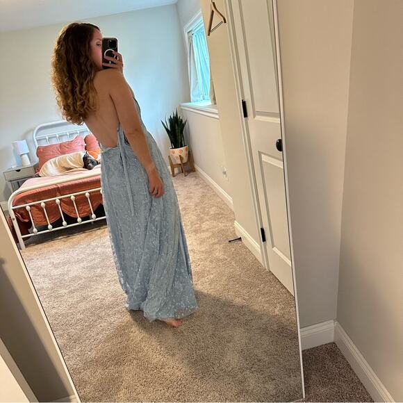 NWT JUMP Apparel Blue Glitter Lace Strapless Maxi Gown 7/8 - Picture 3 of 11